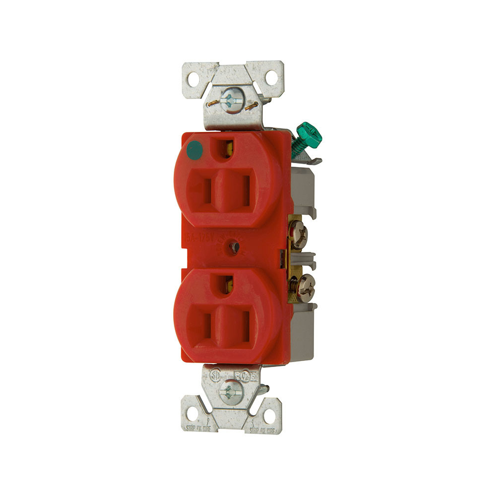 Eaton Arrow Hart heavy-duty hospital grade duplex receptacle, #14-10 AWG, 15A, Healthcare, Flush, 125V, Back and side, Red, Brass, Glass-filled nylon, PVC, 5-15R, Duplex, Screw, Glass-filled nylon, PVC