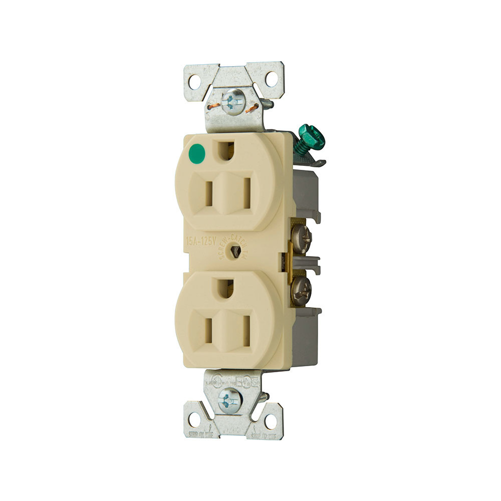 Eaton Arrow Hart heavy-duty hospital grade duplex receptacle, #14-10 AWG, 15A, Healthcare, Flush, 125V, Back and side, Ivory, Brass, Glass-filled nylon, PVC, 5-15R, Duplex, Screw, Glass-filled nylon, PVC