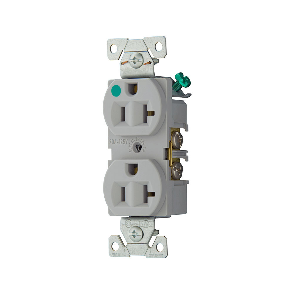 Eaton Arrow Hart heavy-duty hospital grade duplex receptacle, #14-10 AWG, 20A, Healthcare, Flush, 125V, Back and side, Gray, Brass, High-impact nylon face, PVC base, 5-20R, Duplex, Screw, Nylon, PVC