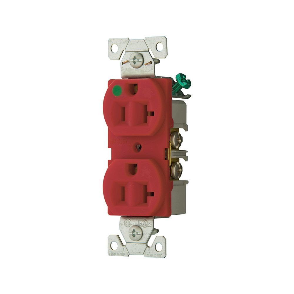 Eaton Arrow Hart heavy-duty hospital grade duplex receptacle, #14-10 AWG, 20A, Healthcare, Flush, 125V, Back and side, Red, Brass, High-impact nylon face, PVC base, 5-20R, Duplex, Screw, Nylon, PVC, Core pack