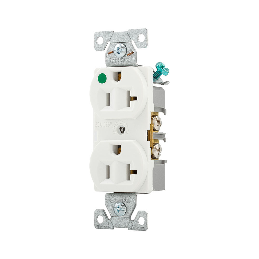 Eaton Arrow Hart heavy-duty hospital grade duplex receptacle, #14-10 AWG, 20A, Healthcare, Flush, 125V, Back and side, White, Brass, High-impact nylon face, PVC base, 5-20R, Duplex, Screw, Nylon, PVC