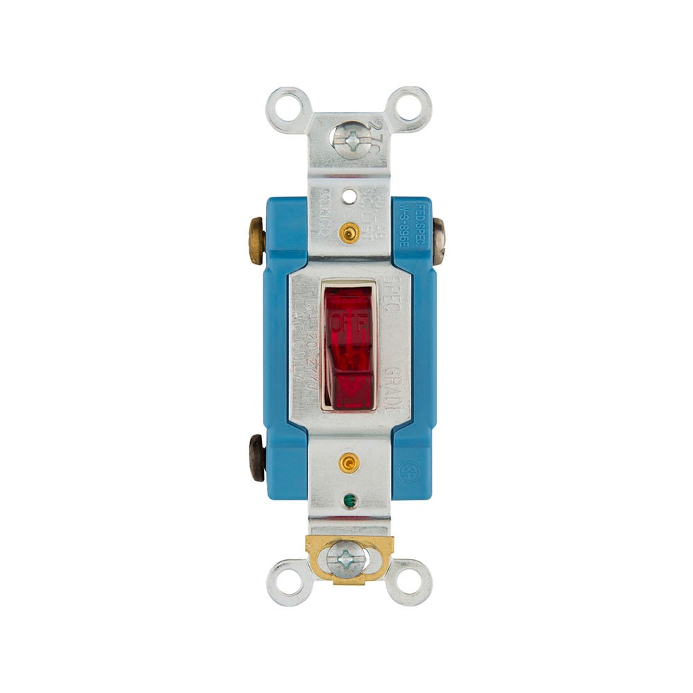 Toggle Switch , Industrial, Red, Screw, Phenolic, Flush, Single-pole, Pilot Light, Single Pole, Brass, 120/277 Vac, #14-10 AWG, Back and side