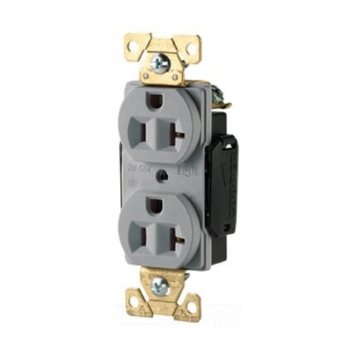 Eaton Arrow Hart extra heavy-duty industrial specification grade duplex receptacle, #14-10 AWG, 20A, Industrial, Flush, 125V, Back and Side, Gray, Brass, Nylon face, Glass-filled nylon base, 5-20R, Duplex, Screw, Nylon, Core pack
