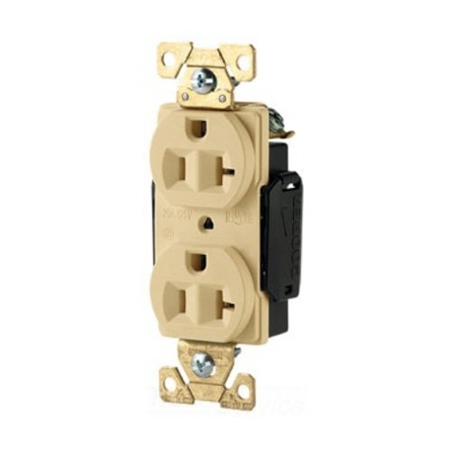 Eaton Arrow Hart extra heavy-duty industrial specification grade duplex receptacle, #14-10 AWG, 20A, Industrial, Flush, 125V, Back and Side, Ivory, Brass, Nylon face, Glass-filled nylon base, 5-20R, Duplex, Screw, Nylon, Core pack