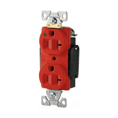 Eaton Arrow Hart extra heavy-duty hospital grade duplex receptacle,#14-10 AWG,20A,Healthcare,Flush,125V,Back and side,Red,Brass,High-impact nylon face,Glass-filled nylon base,5-20R,Two-pole,three-wire,grounding,Screw,Core pack