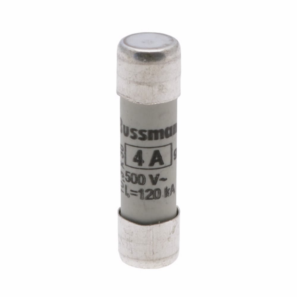 Eaton Bussmann series low voltage 10 x 38 mm cylindrical/ferrule fuse, rated at 500 Volts AC, 4 Amps, 120 kA Breaking capacity, class gG/gL, without indicator, compatible with a CHM Modular fuse holder