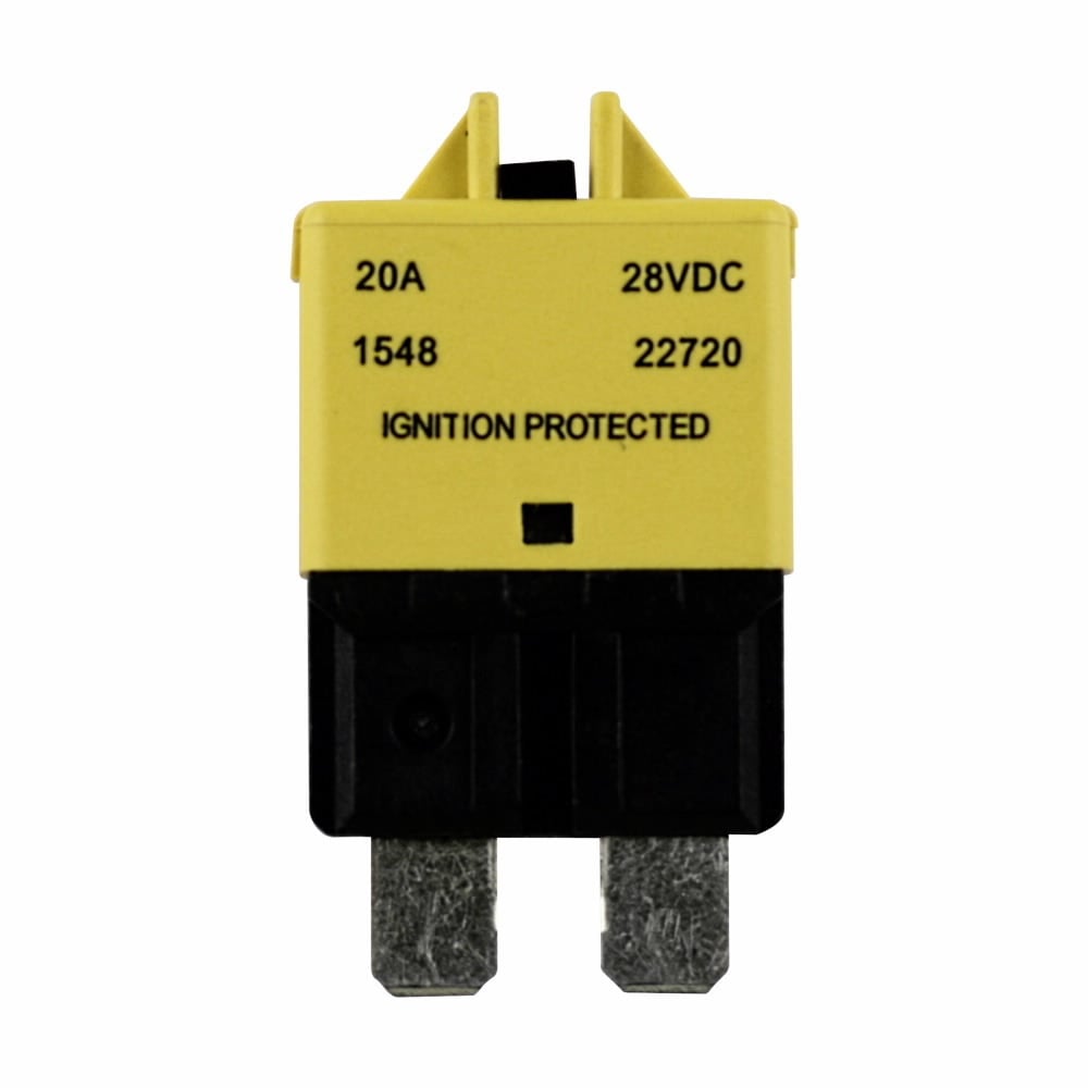 Circuit Breaker, Automotive, type III ATC footprint, low profile, Color code yellow, 20A, 28 Vdc, UL-Rated 94V-0 thermoplastic body. Tin-plated copper alloy terminals