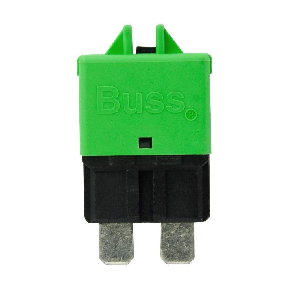 Circuit Breaker, Automotive, type III ATC footprint, low profile, Color code green, 30A, UL-Rated 94V-0 thermoplastic body. Tin-plated copper alloy terminals