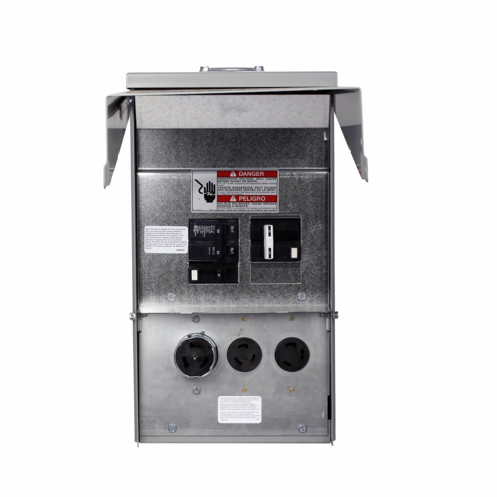 Eaton pedestal mount unmetered, Water and tamper resistant left/center receptacle, Unmetered, 20A, 20A, None, Non-GF, Non-ground fault, None, Top, Surface, Circuits: 4, NEMA 5-20R2GFI(3), NEMA 5-20R2GFI(3), None, 3, 3, 0, 125V, 125V, None