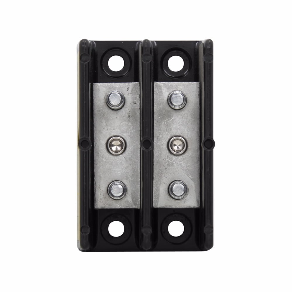 Eaton Bussmann series power terminal block, 600 Vac, 600 Vdc, 150A, Power terminal block, Two-pole, 1/4 In-20 TPI X 3/4 In Stud (Line/Load), SCCR: 10 kA, Black, Molded Thermoplastic Base, Tin-plated aluminum connector