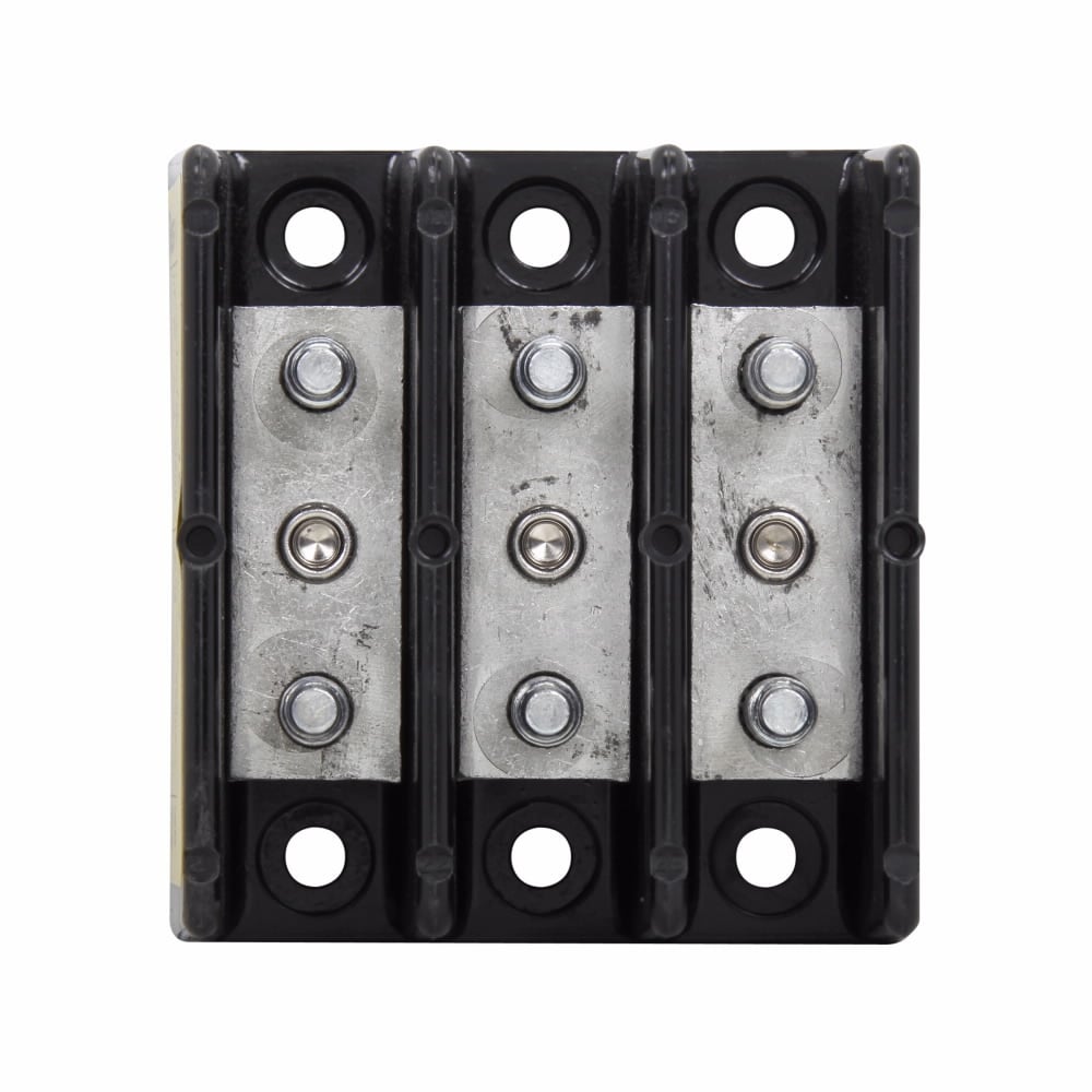 Eaton Bussmann series power terminal block, 600 Vac, 600 Vdc, 150A, Power terminal block, Three-pole, 1/4 In-20 TPI X 3/4 In Stud (Line/Load), SCCR: 10 kA, Black, Molded Thermoplastic Base, Tin-plated aluminum connector