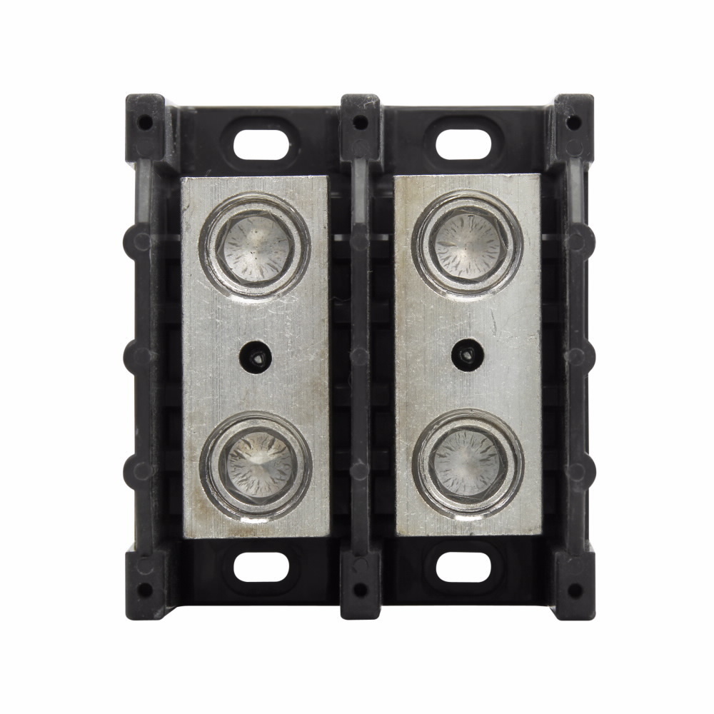 Eaton Bussmann series power splicer block, 600 Vac, 600 Vdc, 380A, Power splicer block, Two-pole, Splicer, SCCR: 10 kA, Black, Molded Thermoplastic Base, Tin-plated aluminum connector