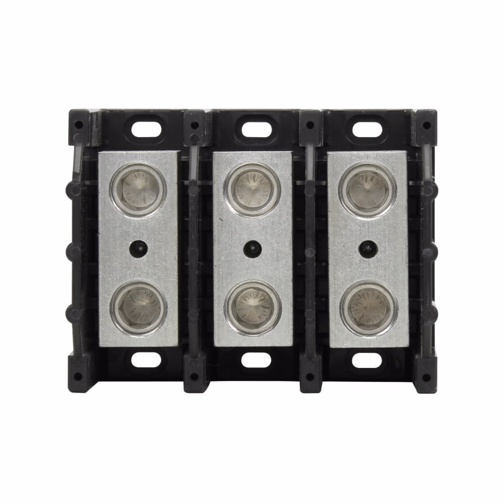 Eaton Bussmann series power splicer block, 600 Vac, 600 Vdc, 380A, Power splicer block, Three-pole, Splicer, SCCR: 10 kA, Black, Molded Thermoplastic Base, Tin-plated aluminum connector