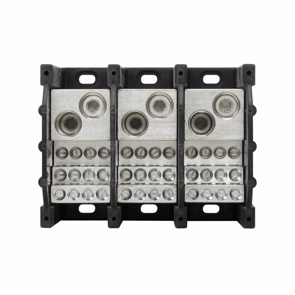 Eaton Bussmann series power distribution block, 600 Vac, 600 Vdc, 570A, Power distribution block, Three-pole, SCCR: 10 kA, Black, Molded Thermoplastic Base, Tin-plated aluminum connector