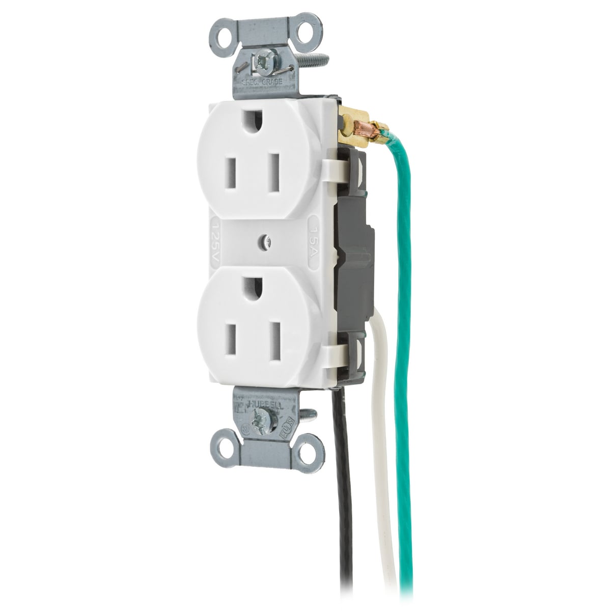 Straight Blade Devices, Receptacles, Duplex, Commercial Grade, 2-Pole 3-Wire Grounding, 15A 125V, 5-15R, White, Single Pack, Pre-Wired 8"Stranded Leads.