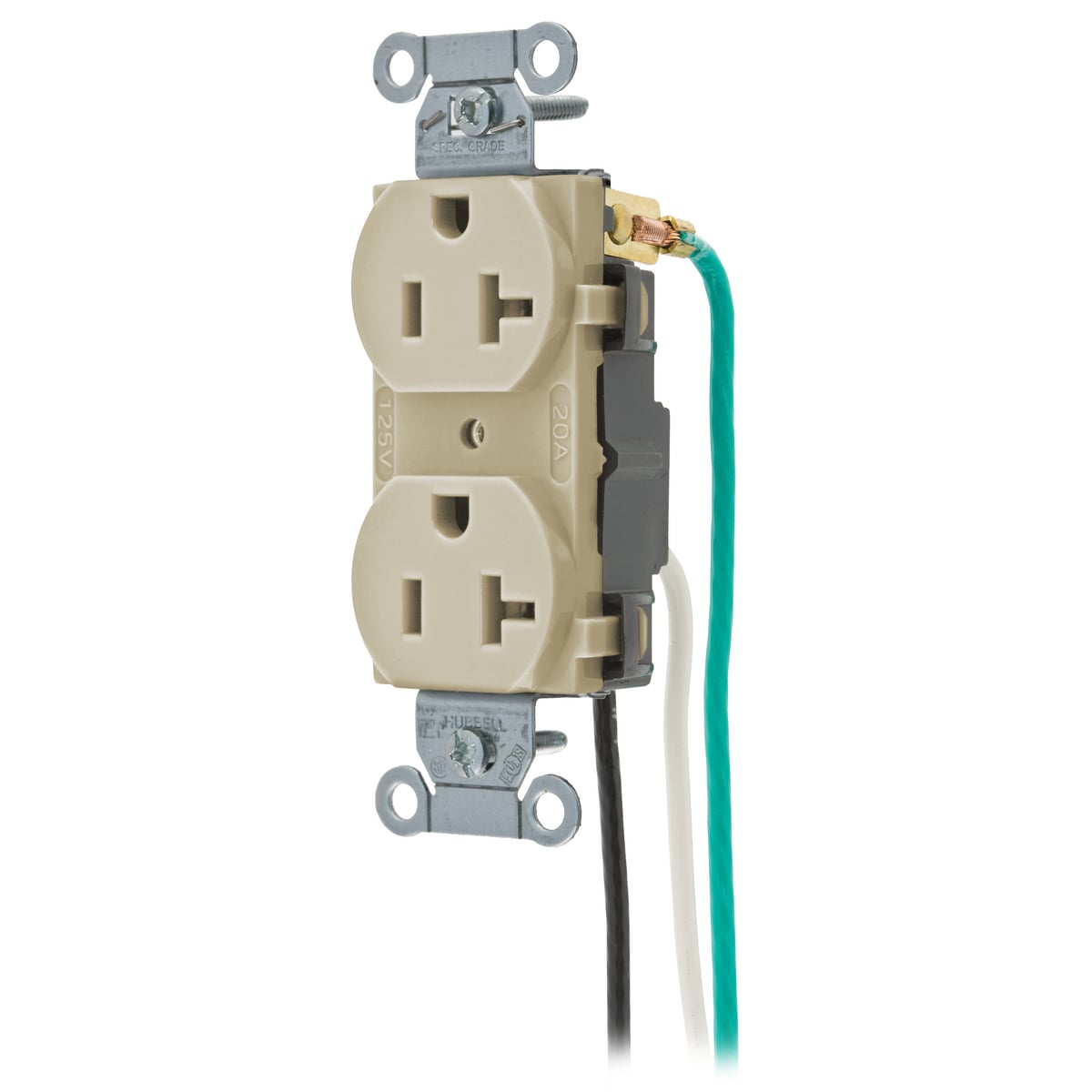 Straight Blade Devices, Receptacles, Duplex, Commercial Grade, 2-Pole 3-Wire Grounding, 20A 125V, 5-20R, Ivory, Single Pack, Pre-Wired 8" Solid Leads.
