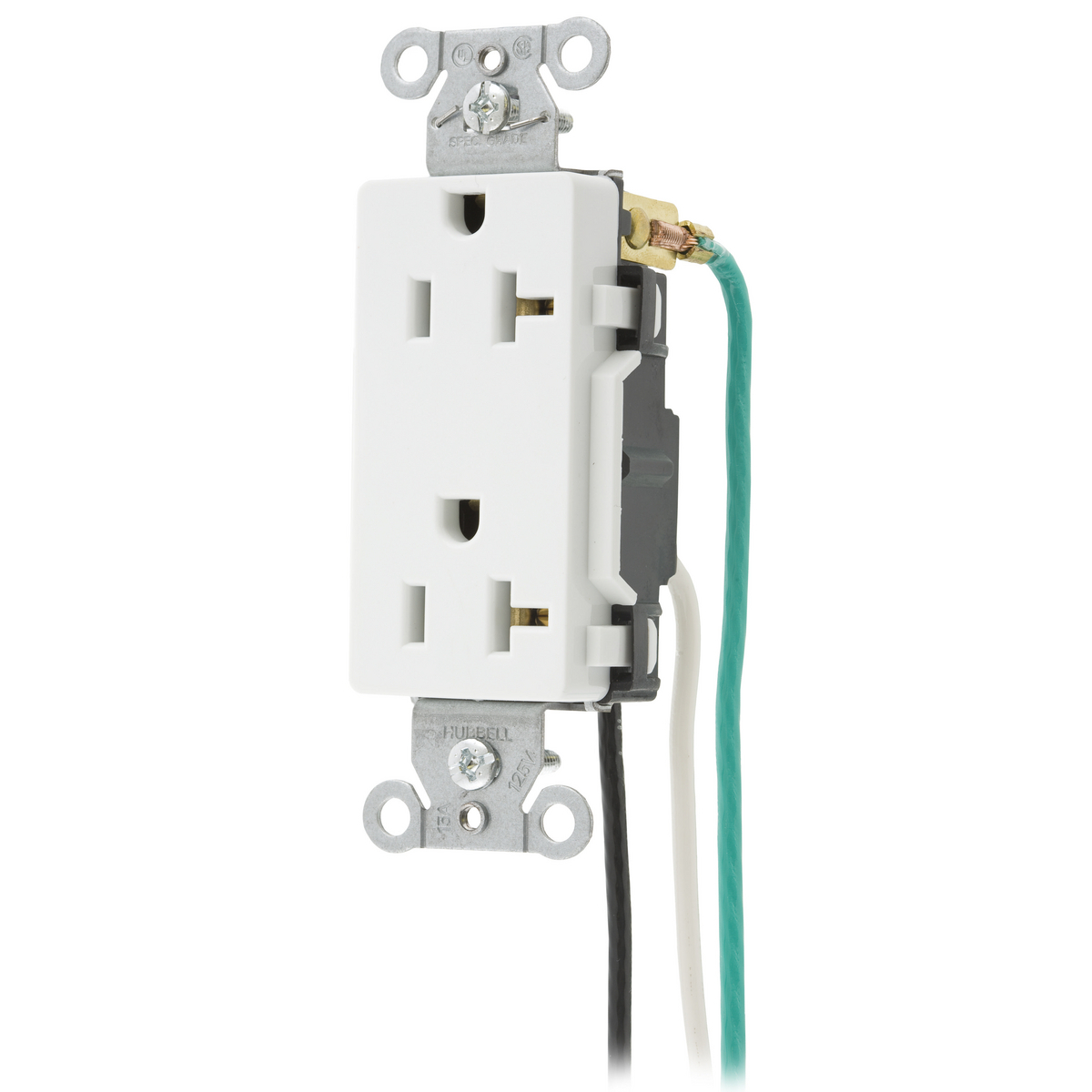 Straight Blade Devices, Receptacle, Decorator Duplex, 20A 125V, 2-Pole 3-Wire Grounding, 5-20R, White, Pre- Wired 8" Stranded Leads.