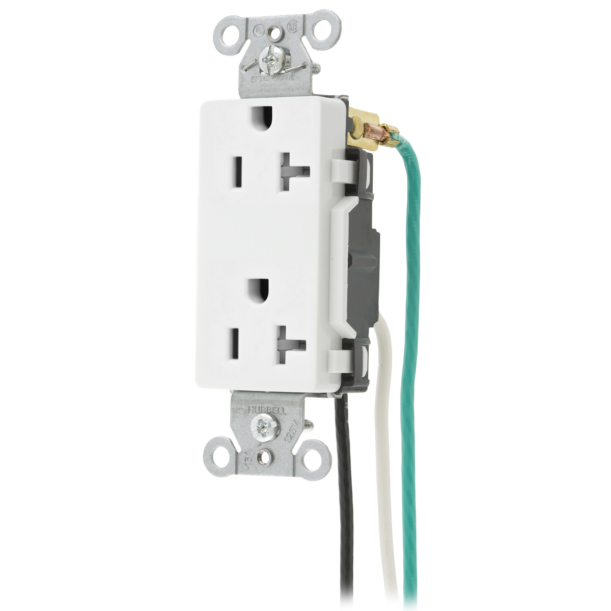 Straight Blade Devices, Tamper Resistant Receptacle, Decorator Duplex, 20A 125V, 2-Pole 3-Wire Grounding, 5-20R, White, Pre-Wired 8" Solid Leads.