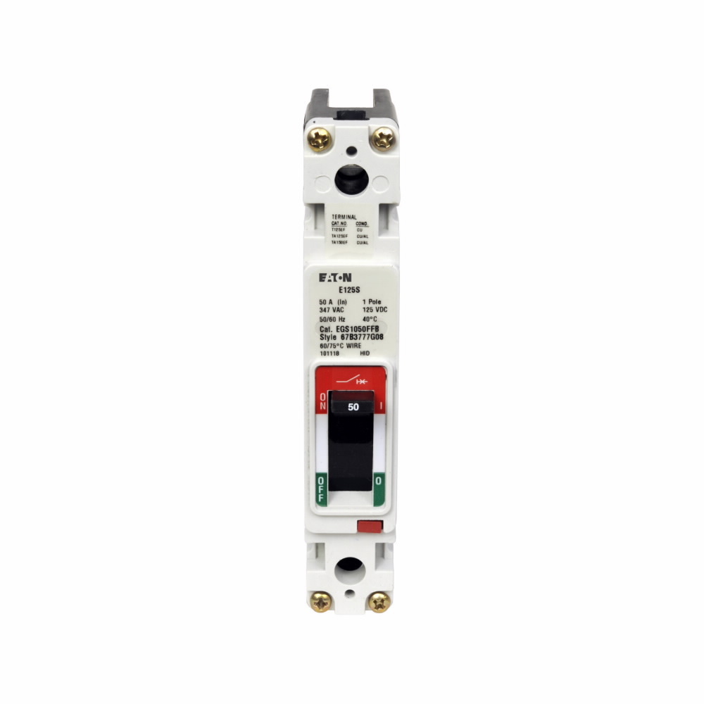 Eaton Series G molded case circuit breaker, EG-frame, EG, Complete breaker, Fixed thermal, fixed magnetic trip, Single-pole, 20A, 600Y/347 Vac, 100 kAIC at 240 Vac, 65 kAIC at 480 Vac, 35 kAIC at 600Y/347 Vac, Bolt-on, 50/60 Hz