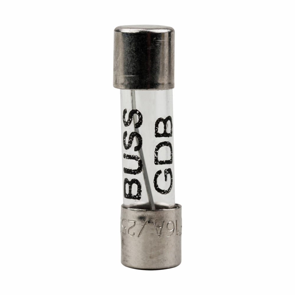 Eaton Bussmann series fast-acting fuse, EOL, Low-Breaking Capacity Fuse, Small dimension, European (IEC), 16A, 250 Vac or less, 32 Vdc (self certified), 35A at 250 Vac, 50 Hz, Glass tube, silver-plated end-caps, GDB-16A