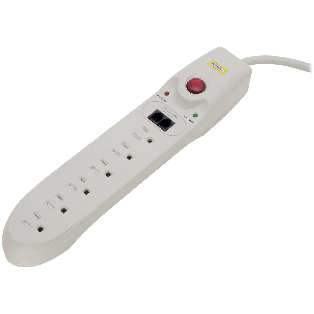 Surge Protective Devices, SPIKESHIELD TVSS Plug Strips, 15A 125V, 6 Outlet with Telephone/Fax, 6' Cord, Office White
