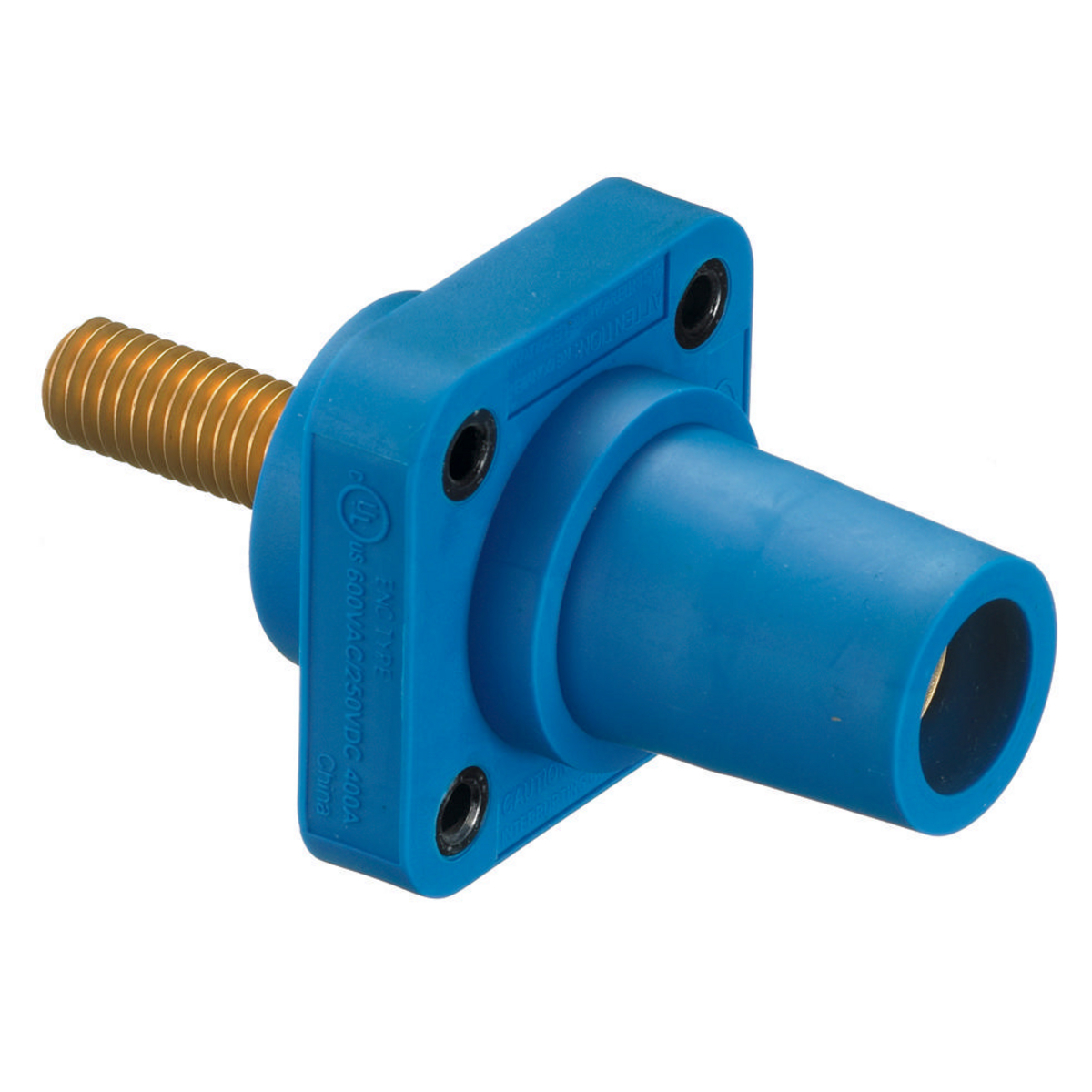 Heavy Duty Products, Single Pole Devices, Industrial Grade, Female Receptacle, 300/400A 600V AC/DC, Single Conductor, Threaded Mounting Holes, Stud Termination, Blue