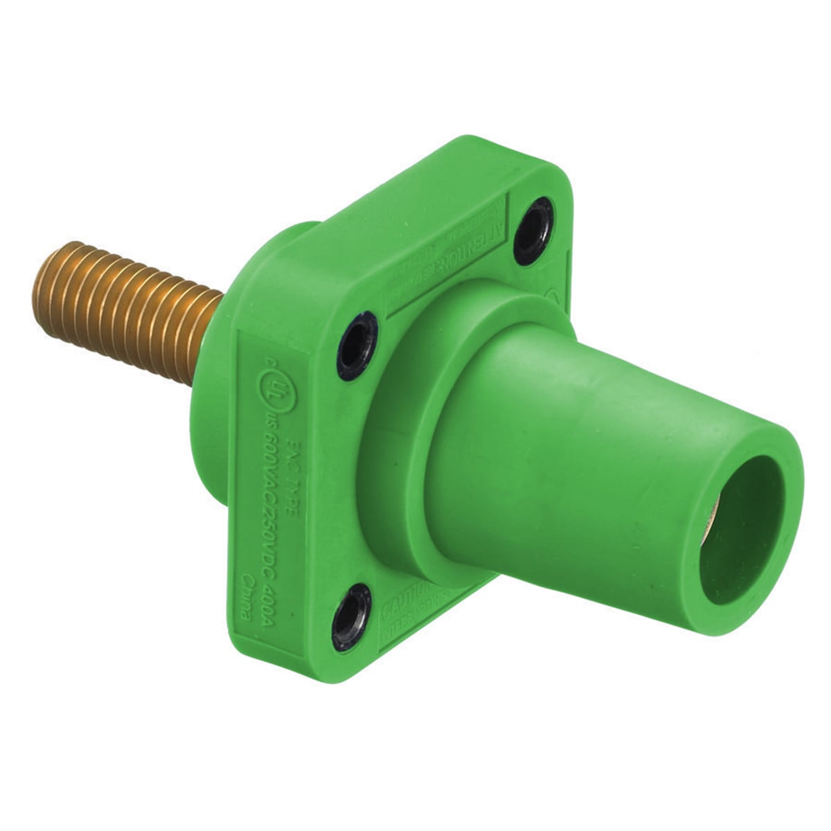 Heavy Duty Products, Single Pole Devices, Industrial Grade, Female Receptacle, 300/400A 600V AC/DC, Single Conductor, Threaded Mounting Holes, Stud Termination, Green