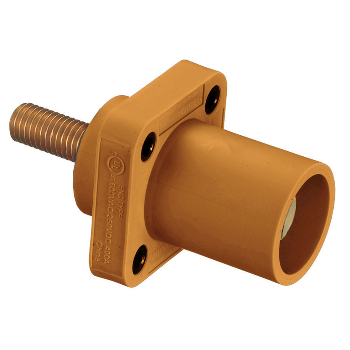 Heavy Duty Products, Single Pole Devices, Industrial Grade, Male Receptacle, 300/400A 600V AC/DC, Single Conductor, Threaded Mounting Holes, Stud Termination, Orange