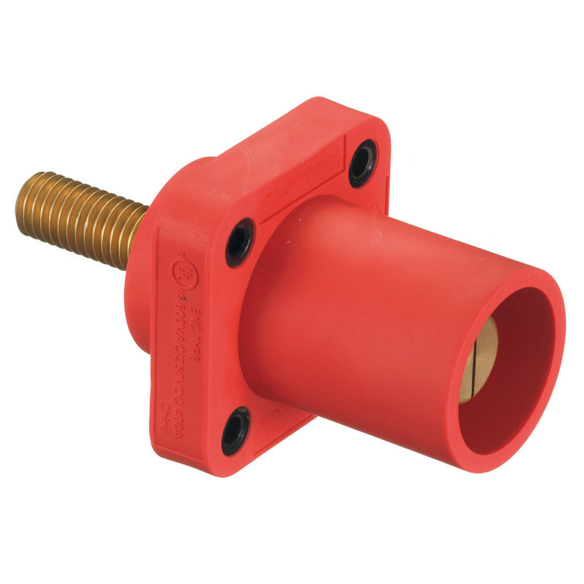 Heavy Duty Products, Single Pole Devices, Industrial Grade, Male Receptacle, 300/400A 600V AC/DC, Single Conductor, Threaded Mounting Holes, Stud Termination, Red
