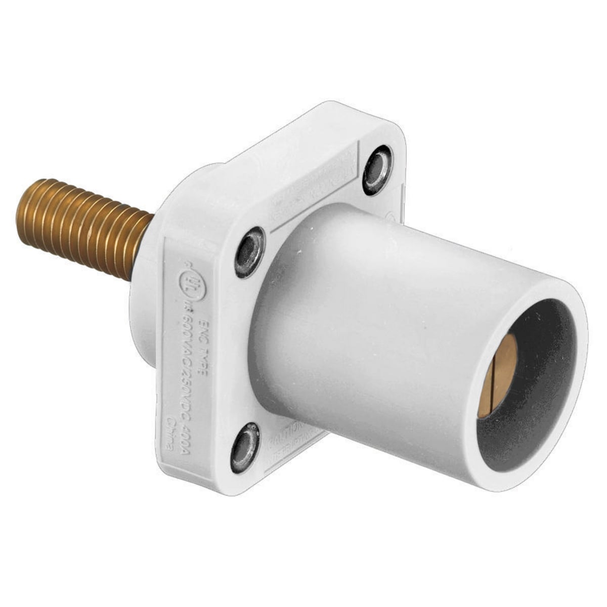 Heavy Duty Products, Single Pole Devices, Industrial Grade, Male Receptacle, 300/400A 600V AC/DC, Single Conductor, Threaded Mounting Holes, Stud Termination, White