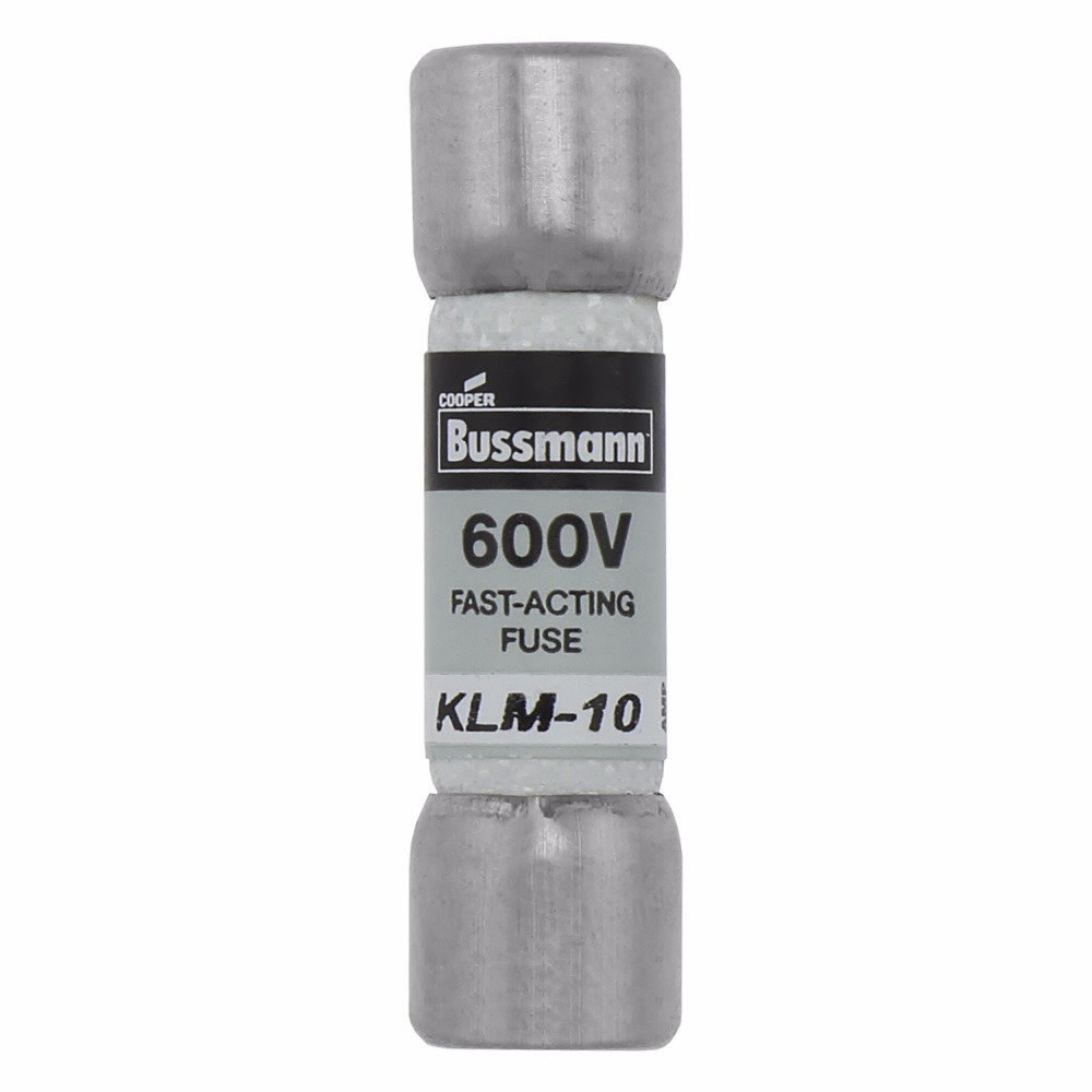 Eaton Bussmann series KLM fuse, LIMITRON Fast-acting fuse, 10 A, Non-indicating, Ferrule end x ferrule end, 50 kAIC at 600 Vdc,100 kAIC at 600 V, Nickel-plated bronze endcap,Melamine tube, 600 V, 600 Vdc