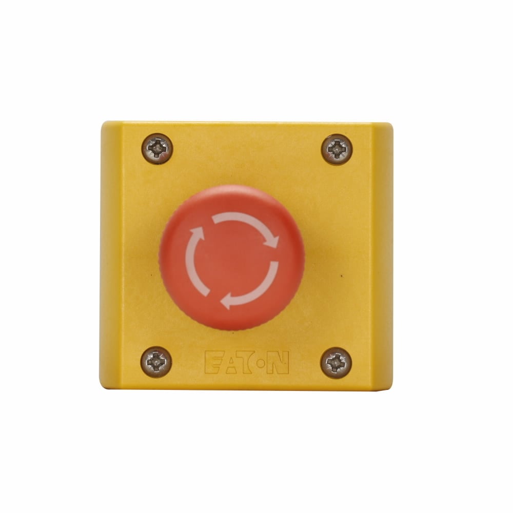M22 Assembled One Element, Emergency Stop Control Station, 22.5 mm, Twist-release Mushroom Head, Maintained, Non-illuminated, Button: Red, 1NO, IP66, UL (NEMA) Type 4X, 13, Horizontal, Base: Black, Enclosure: Yellow