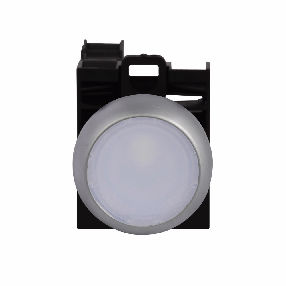 Eaton M22 modular pushbutton, Complete Device, 22.5 mm, Flush, Maintained, Illuminated, Bezel: Silver, Button: White, 1NO-1NC, IP67, IP69K, NEMA 4X, 13, 85-264V
