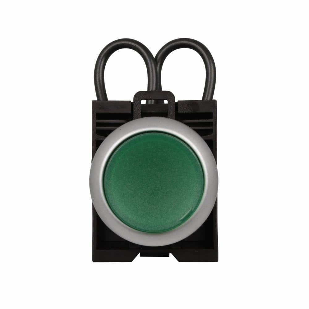 Eaton M22 modular pushbutton, Complete Press-to-Test unit, 22.5 mm, Momentary, Illuminated, Bezel: Silver, IP67, IP69K, NEMA 4X, 13, 85-264V, Green button