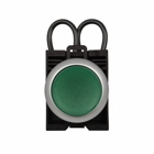 Eaton M22 modular pushbutton, Complete Press-to-Test unit, 22.5 mm, Momentary, Illuminated, Bezel: Silver, IP67, IP69K, NEMA 4X, 13, 85-264V, Green button