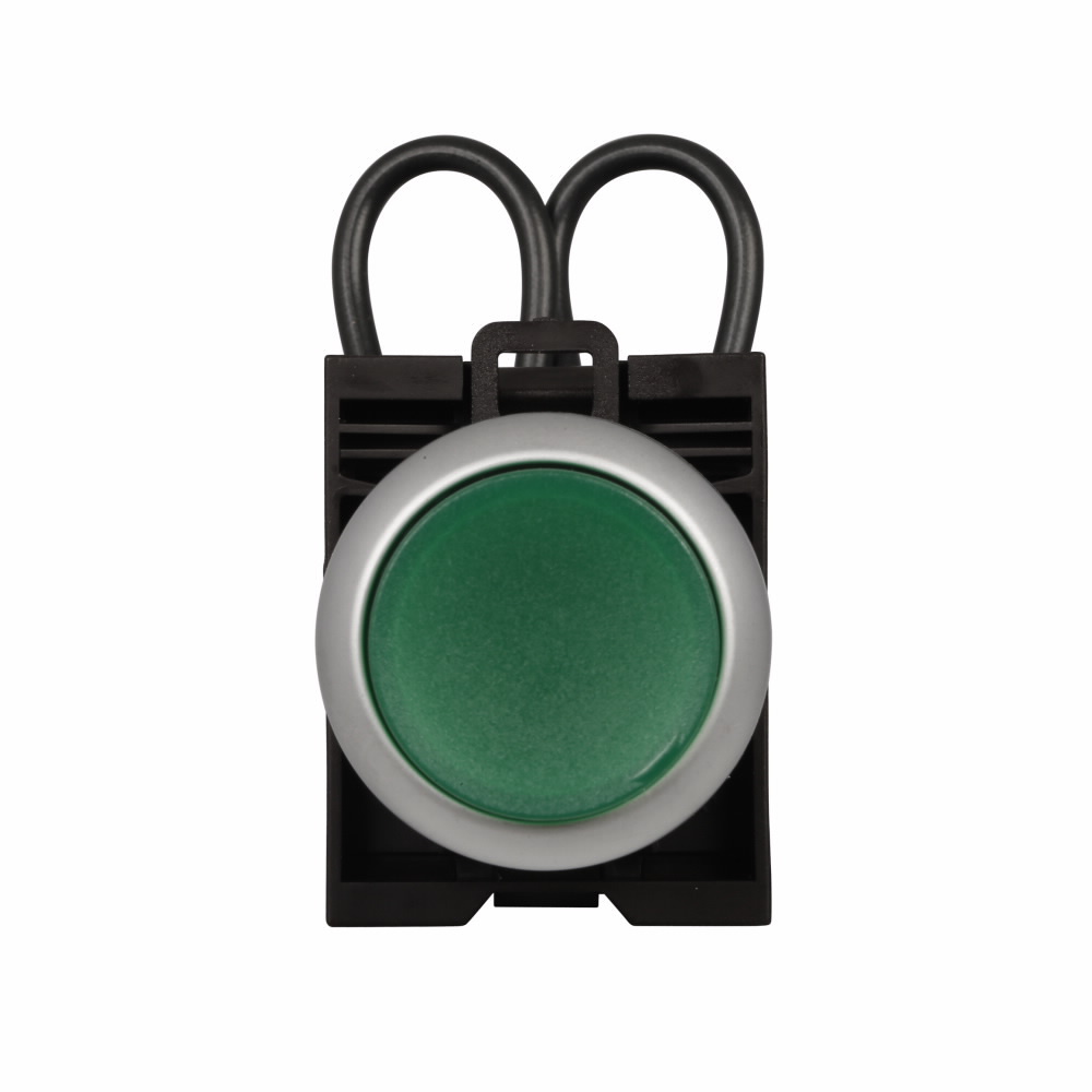Eaton M22 modular pushbutton, Complete Press-to-Test unit, 22.5 mm, Momentary, Illuminated, Bezel: Silver, IP67, IP69K, NEMA 4X, 13, 12-30 Vac/dc, White button