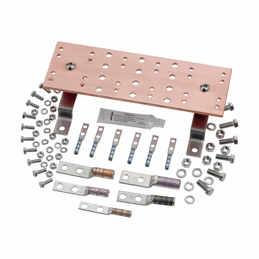 Eaton ground bar, 6.63" height, 3.13" length, 12" width, Used as a other low voltage system within the room, Copper, Copper bar and SS4 wall brackets, Telecommunications main grounding bar, Grounding accessories, hex nuts, lock washer