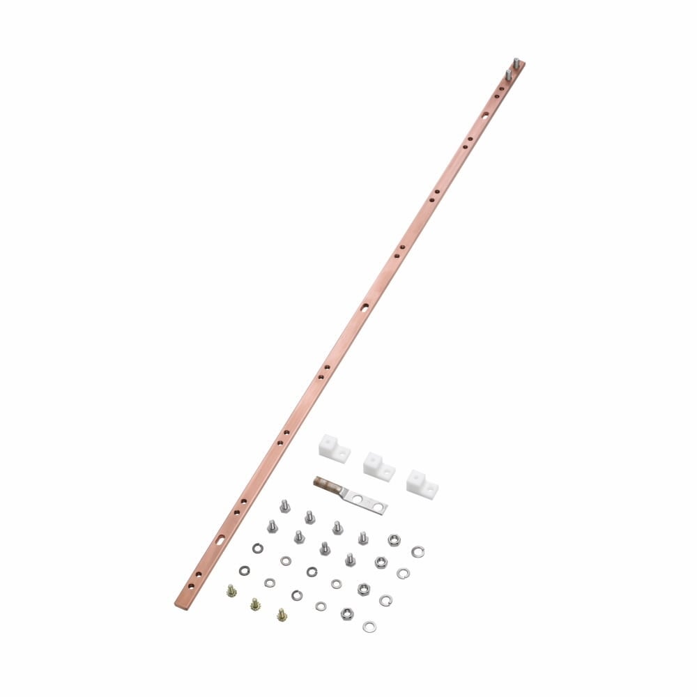Eaton ground bar, 72" height, 0.25" length, 0.625" width, Provides vertical ground path between equipment, Copper, Copper bar, Vertical rack ground bar and kits, Grounding accessories, Studded end can be attached together to splice bar