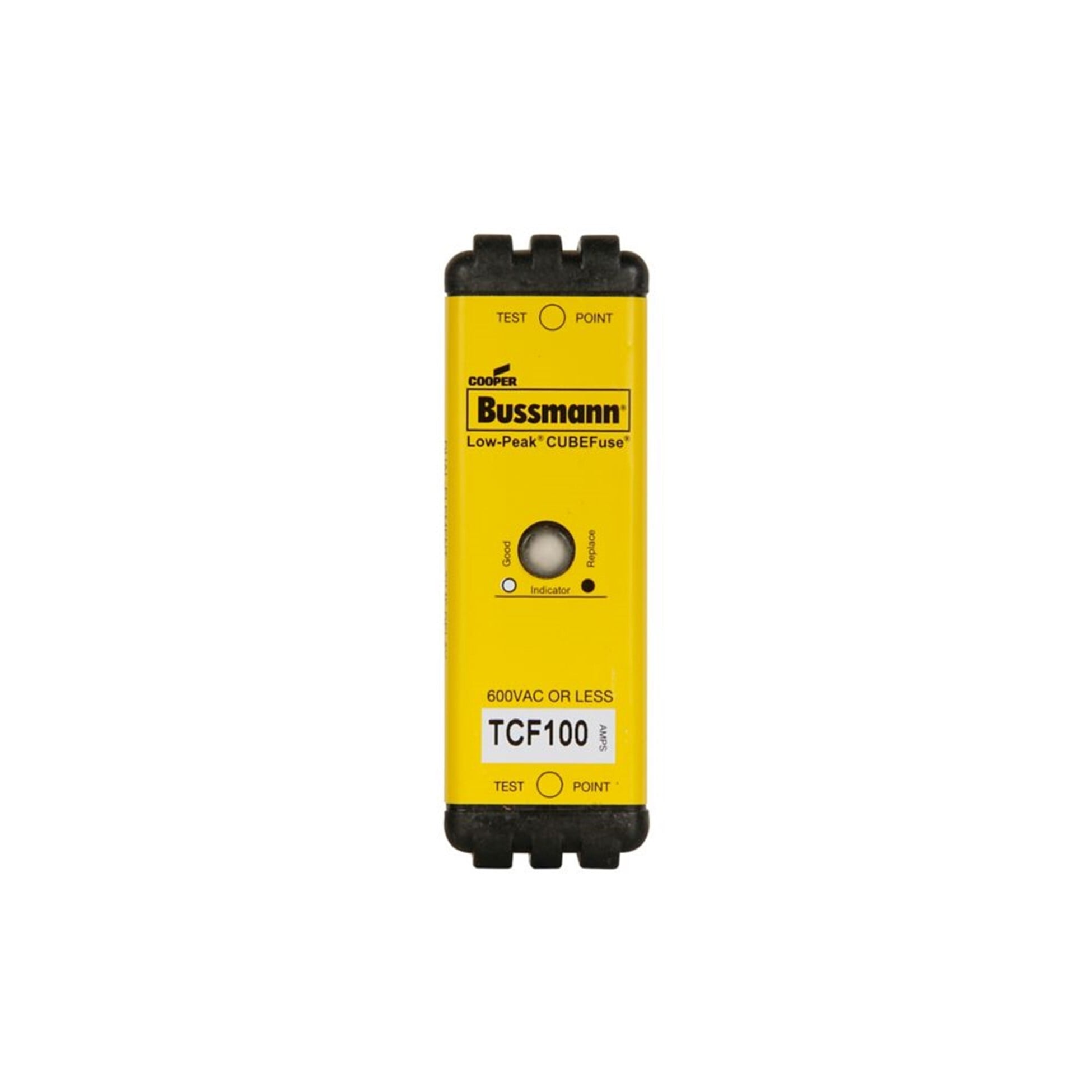 Eaton Bussmann series TCF fuse, 100 A, 60 Hz, 50 Hz, Dual, CF, Black, With indicator, Time delay, 10 sec at 500%, 300 kAIC at 600 V, 100 kAIC at 300 Vdc, Glass filled PES, 35 mm DIN rail, Chassis, 600 V, 300 Vdc