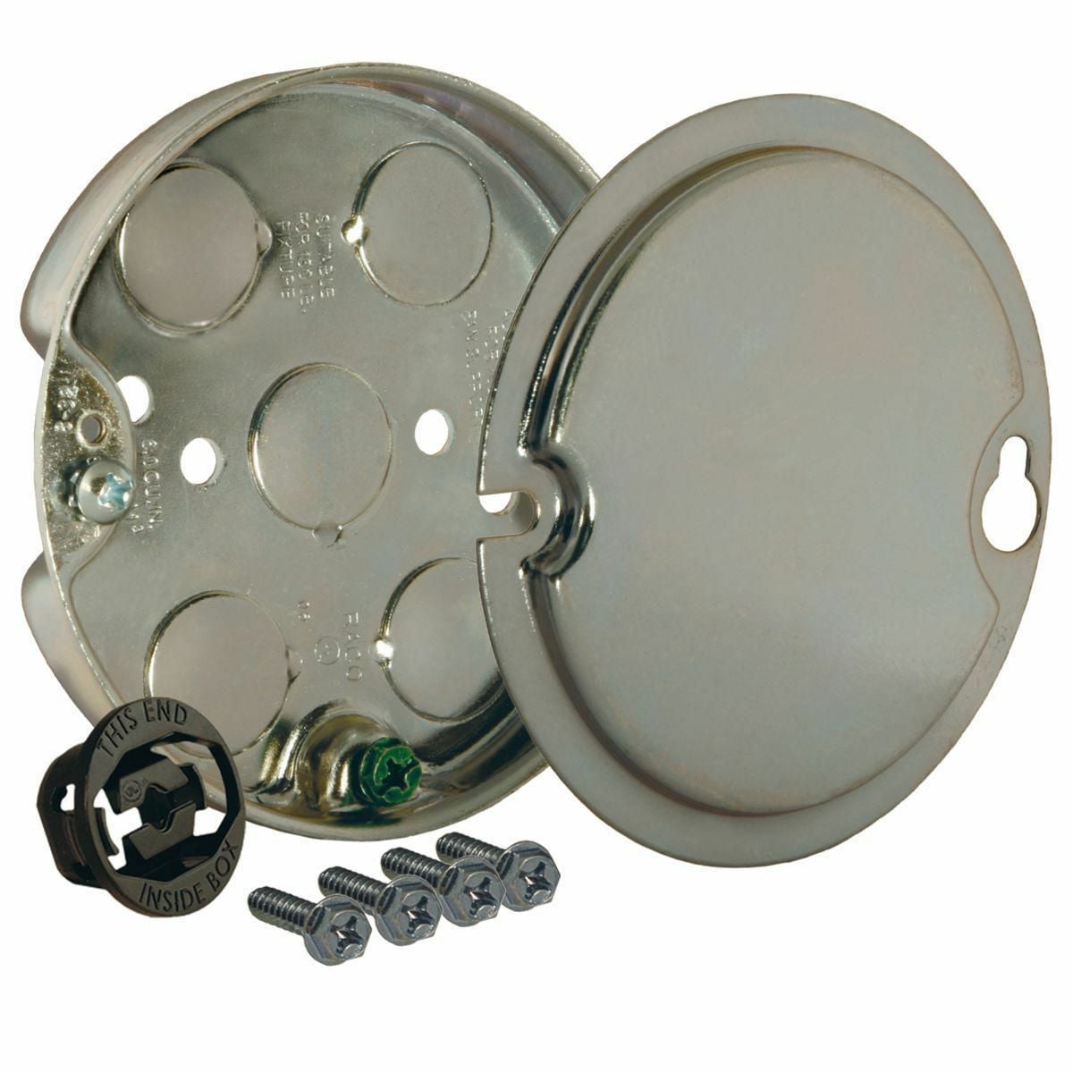 4 In. Round Ceiling Fan Pan - Drawn with Conduit 1/2 KO's, 1/2 In. Depth
