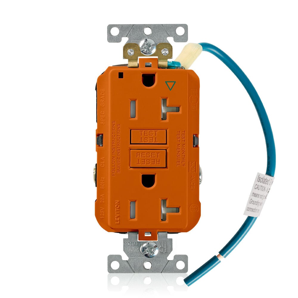 20 Amp, 125 Volt SmartlockPro Slim Isolated Ground Self-Test GFCI Receptacle, Extra-Heavy Duty Industrial Grade, 20 Amp Feed-Through, Tamper-Resistant, Back & Side Wired - ORANGE-Other Colors Available Upon Special Request
