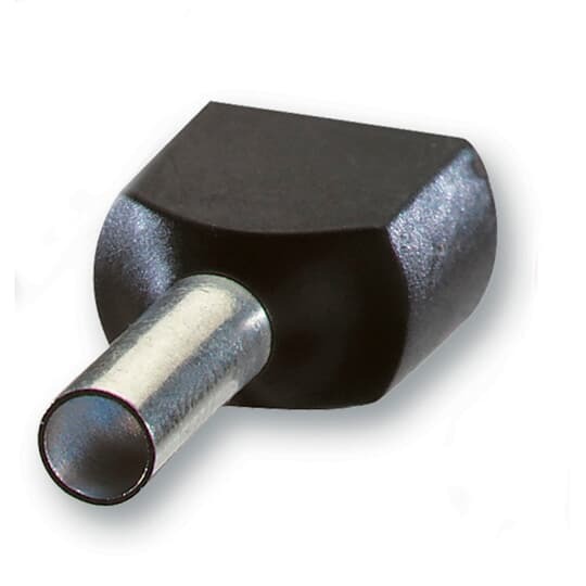 Polypropylene Insulated Twin Ferrule, Length .787 Inches/20mm, Pin Length .472 Inches/12mm, Pin Diameter .091 Inches/2.3mm, Base Diameter .252 Inches/6.4mm, Conductor Range 2x16 AWG/2x1.50mm2, Color Black, Copper, Tin Plated