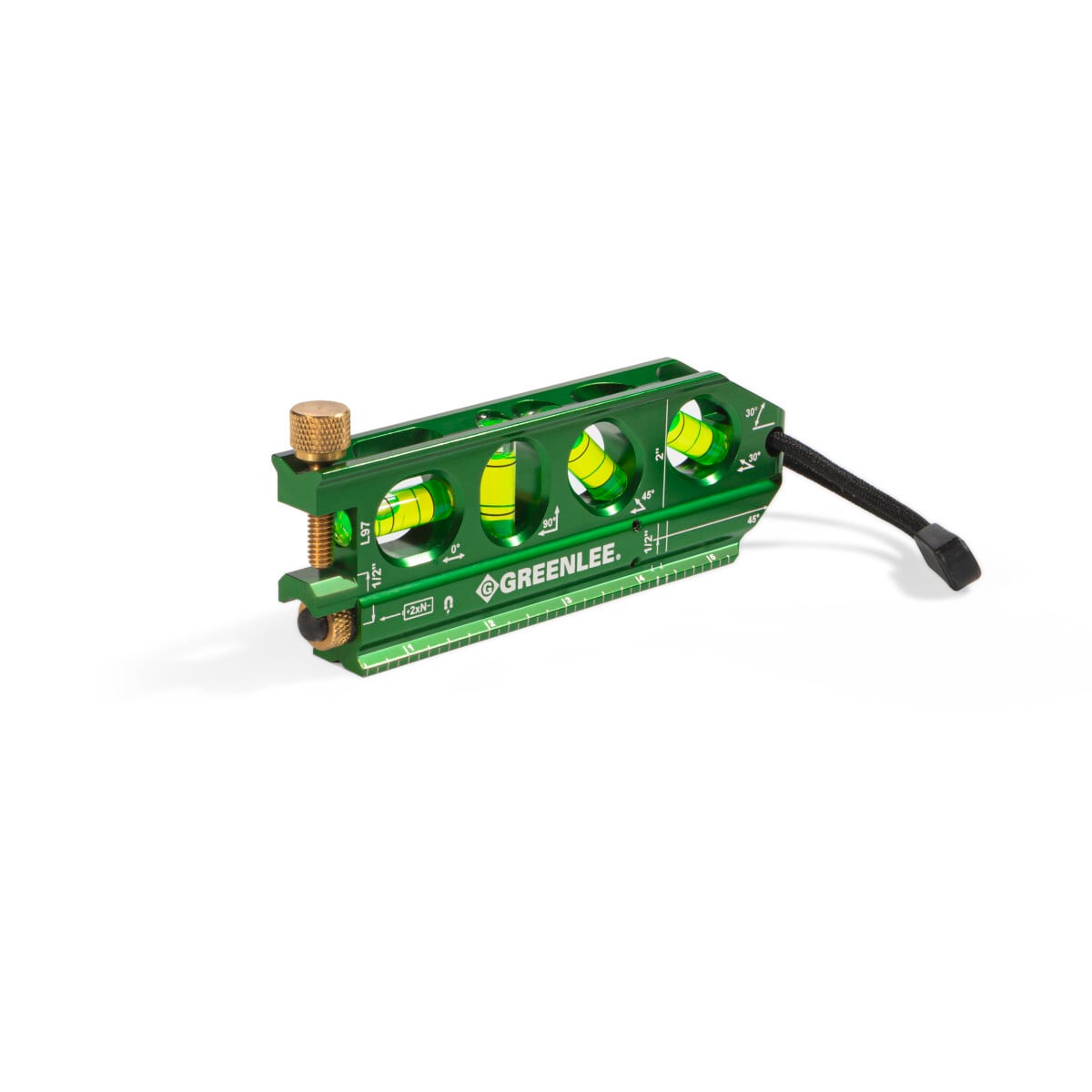 Laser Level, Professional Grade.  Mini torpedo design with handy no-dog attachment for bending.  Three rare earth magnets provide superior holding strength.  Four vial design - 0, 90, 45, and 30.  Machined from aluminum alloy and anodized to aircraft standards.  Compact size fits easily in tool pouch.  V-groove on bottom for mounting on curved surface.