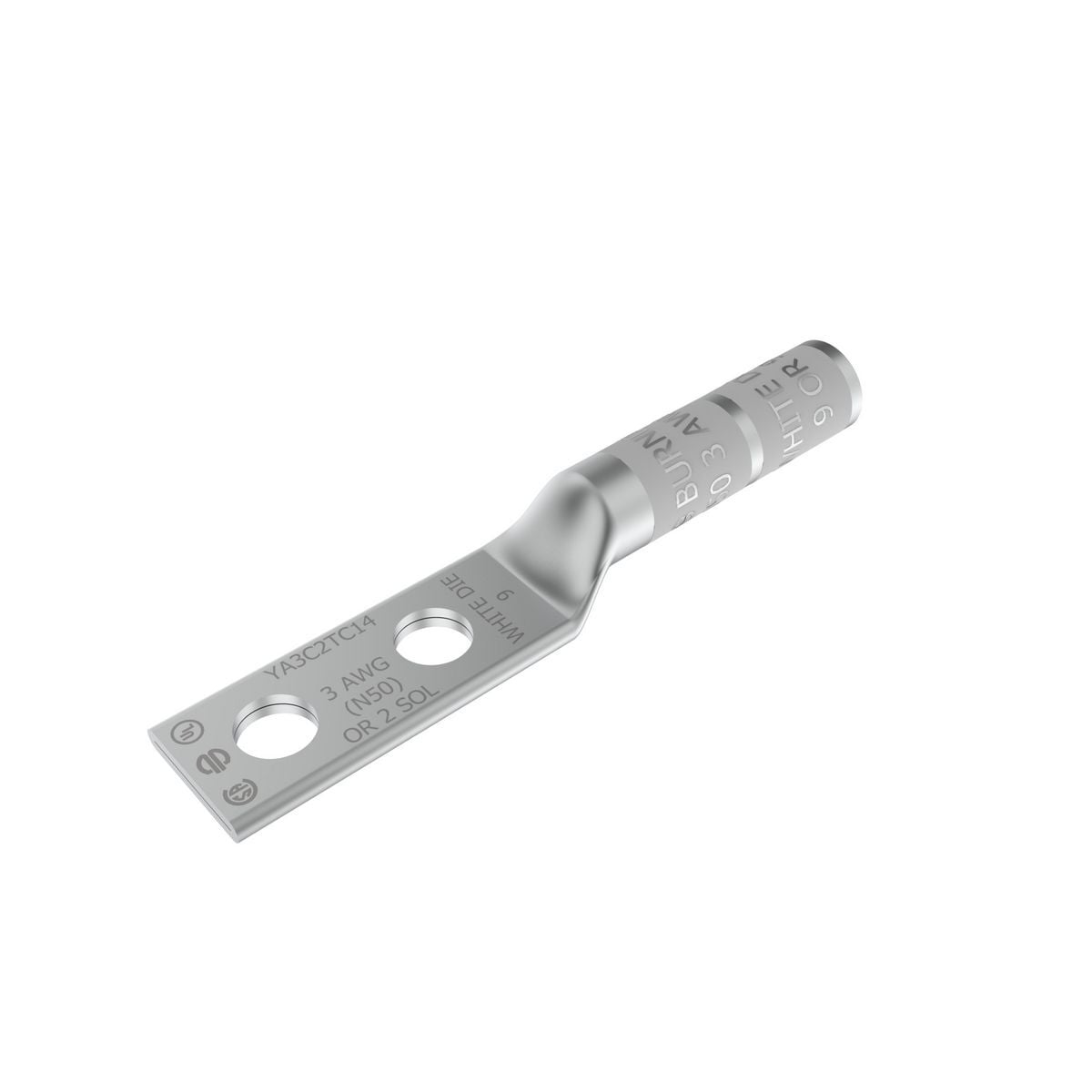 3 AWG CU, Two Hole, 1/4 Stud Size, 5/8 Hole Spacing, Long Barrel Internal Chamfer, Tin Plated, UL/CSA, 90?C, Up to 35kV, White Color Code, 9 Die Index.