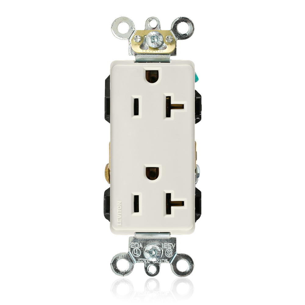 20-Amp-125-Volt, Decora Plus Duplex Receptacle, Straight Blade, Industrial Grade, Self Grounding, Light Almond