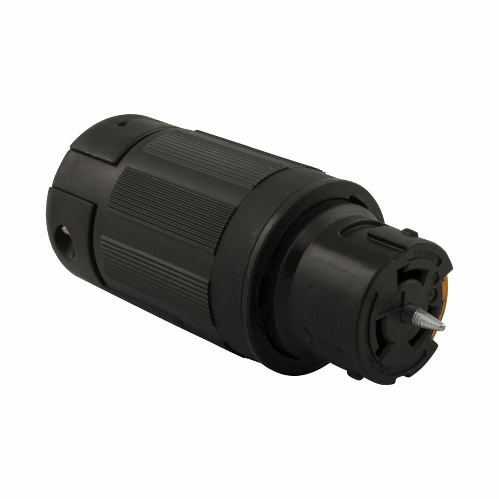Eaton locking connector, #10-6 AWG, 50A, Industrial, 125/250V, Back wiring, Black, Non-NEMA, Three-pole, Four-wire, Nylon, 0.44 to 1.25 in, California standard