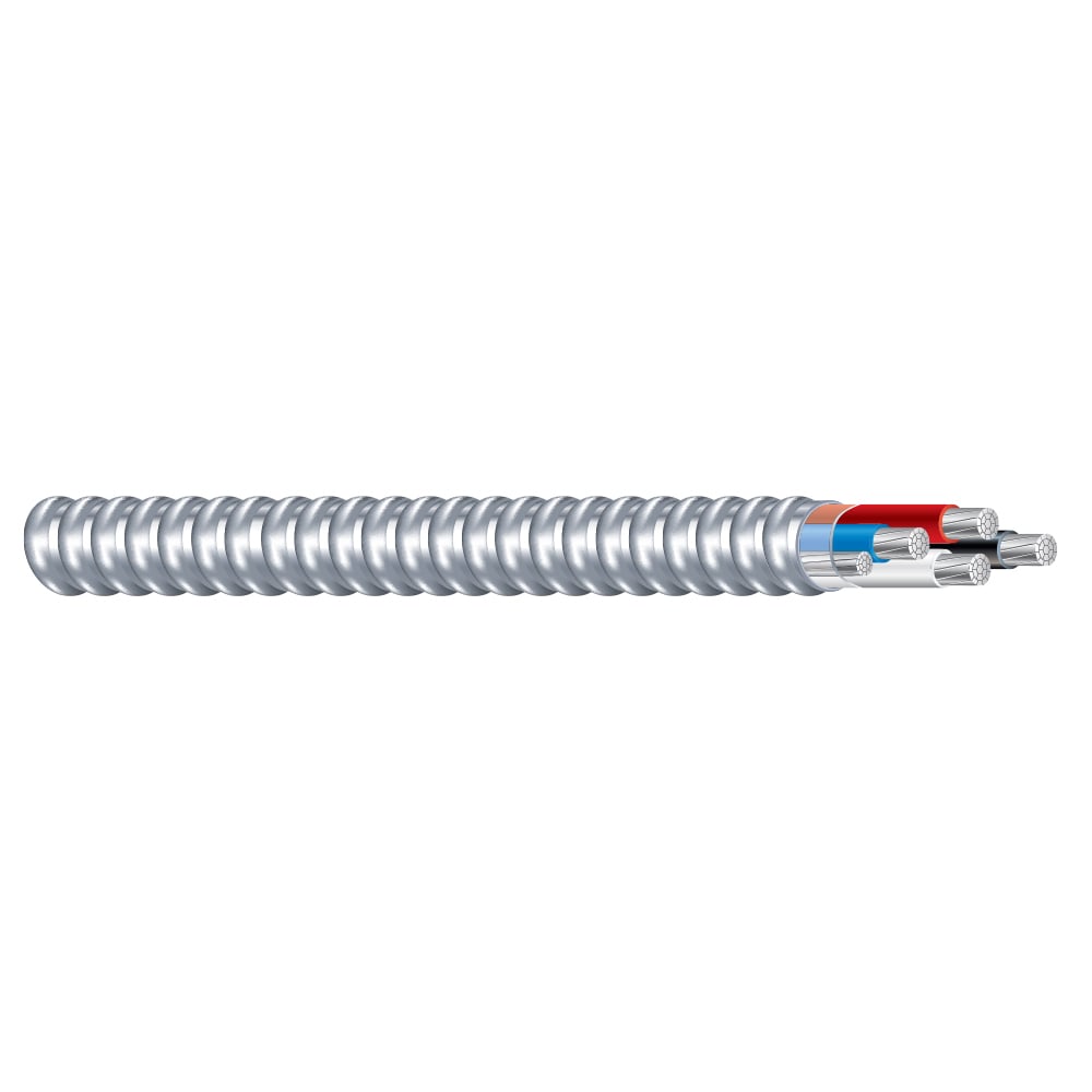 Southwire Armorlite Type MC Cable is constructed with soft-drawn copper  Type THHN/THWN-2 conductors rated 90C dry  and a bare copper grounding conductor for sizes 1/0 AWG and larger. The conductors are cabled together and a binder tape bearing the print legend is wrapped around the assembly. Aluminum interlocking armor is applied over the assembly. Also available in steel. Conductors are black with phase identification. Colors available upon request with economic order quantity.