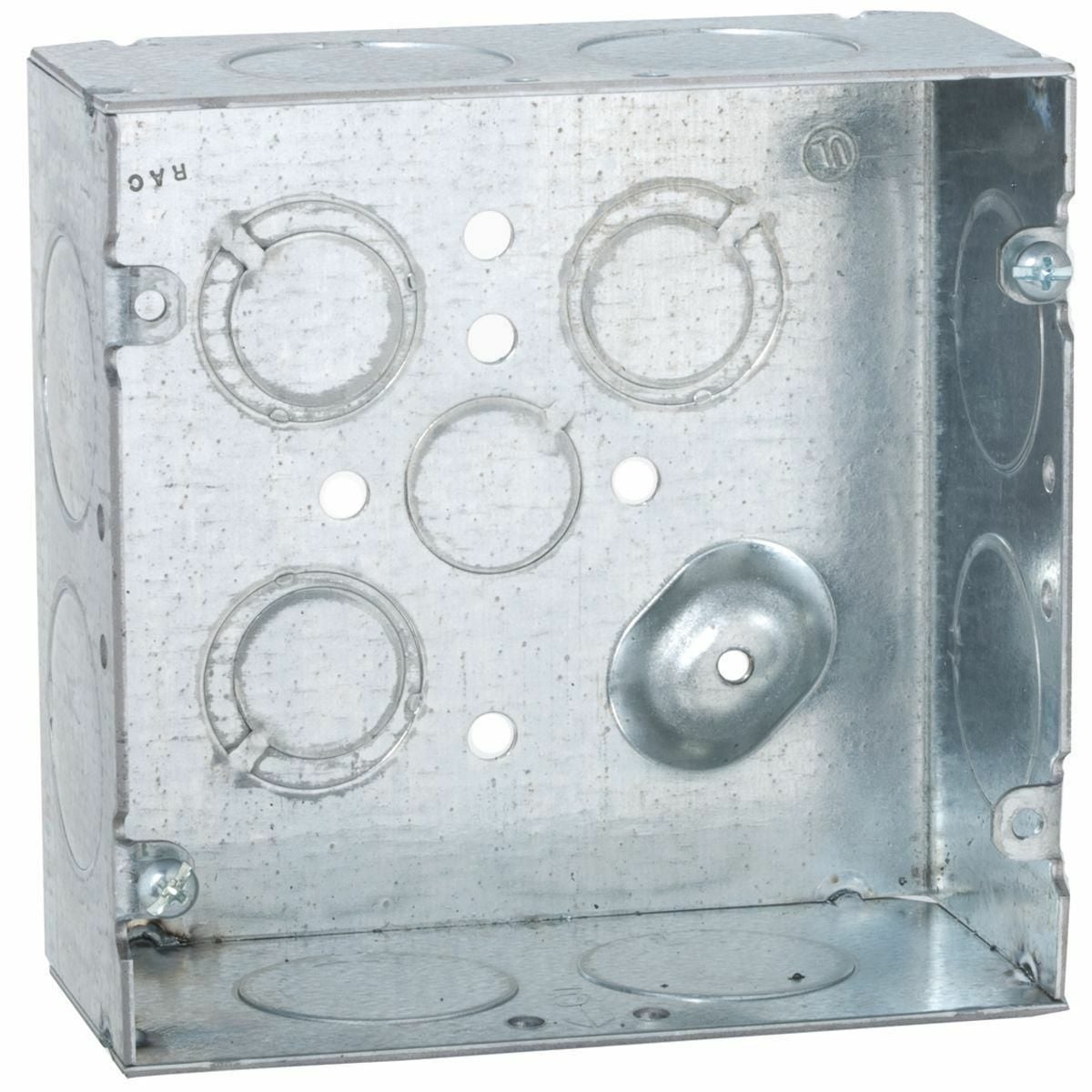4-11/16 IN. SQ. BX. 2-1/8 IN. DP. WELDED WITH CONDUIT KO'S, 600V, RAISEDGROUND, (8) 1 IN, (1) 1/2 IN, AND (3) TKO