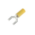 Vinyl-Insulated Fork Terminal, Length 1.15 Inches, Width .50 Inches, Maximum Insulation .210, Bolt Hole 1/4 Inch, Wire Range #12-#10 AWG, Color Yellow, Copper, Tin Plated