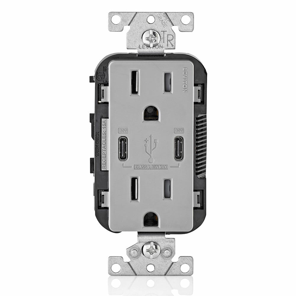 15 Amp, 125 Volt, Decora Tamper-Resistant Outlet. NEMA 5-15R, 30W (6 Amps), Dual Type-C/C Power Delivery USB Chargers, Grounding, Side Wired  - Back Wired - Gray